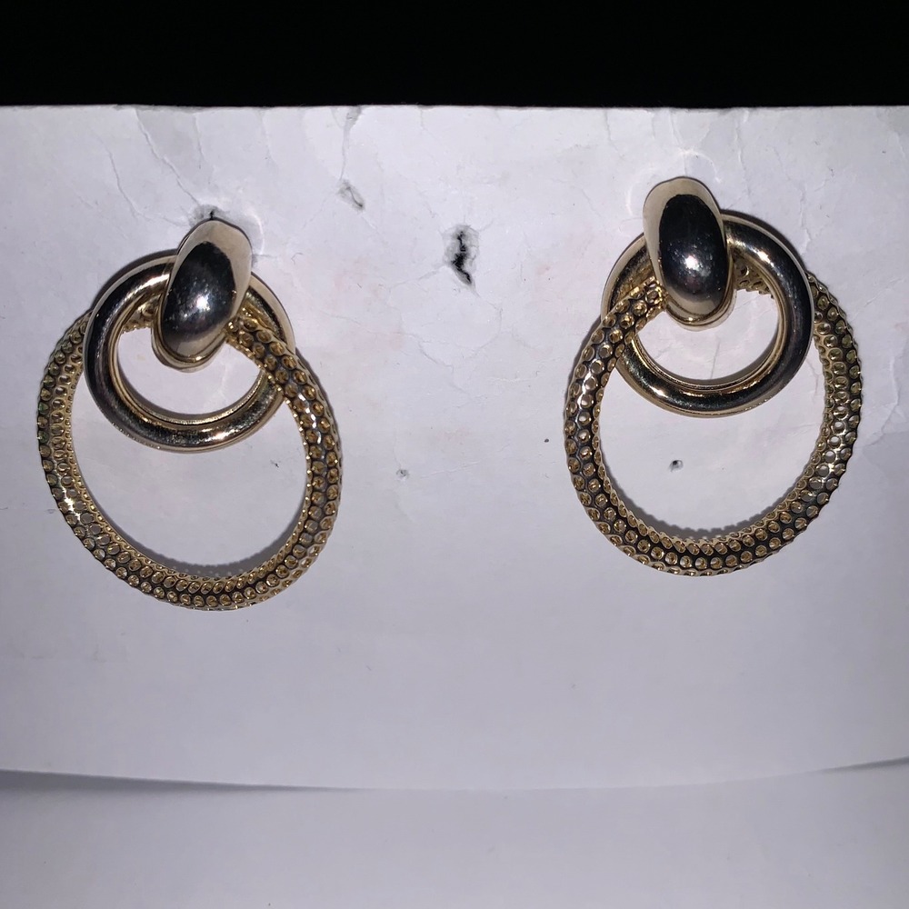 Vintage Gold Tone Double Hoop Drop Earrings Textured Mesh Statement Jewelry Mens